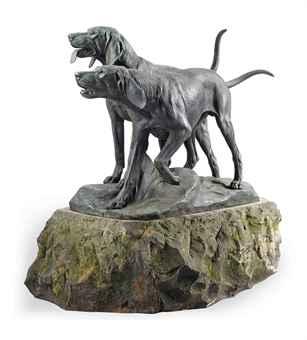 A French Lifesize Bronze Animalier Group Of Two Hounds by 
																	Auguste Cain