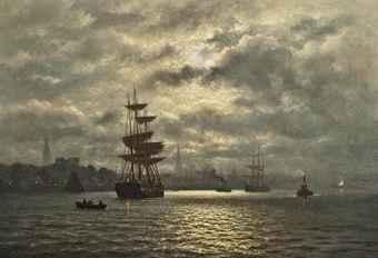 Hamburg harbour under the moon by 
																	Wilhelm Xylander