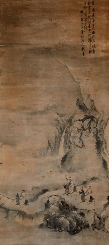 Paysage de montagne au pied de laquelle trois lettrés montant des ânes vont s'engager sur un pont de bois by 
																	 Jinxi Yuren