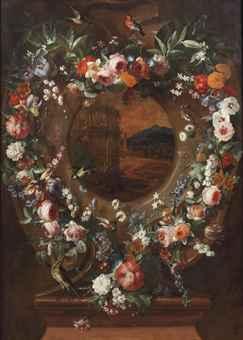 A stone cartouche surrounded by garlands of pink roses, tulips, poppies and other flowers and birds with an Italianate landscape in the centre by 
																	Egidius Nuemans
