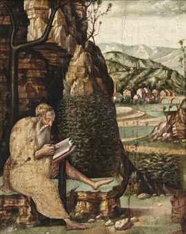 A hermit saint reading in a mountainous landscape by 
																	Jacopo da Valenza