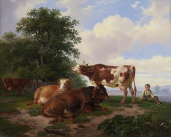 Kühe auf der Weide mit Hirtenknabe by 
																	F Sigmund Lachenwitz