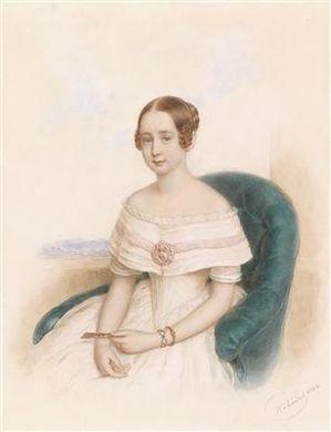 Portrait of a young lady in a white dress, seated in an armchair by 
																	Anton Hahnisch