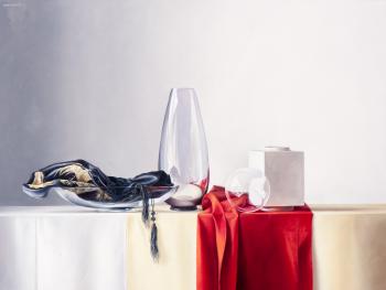Still life of glassware by Floris Meydam and a Chinese pouch by 
																	Adriana van Zoest