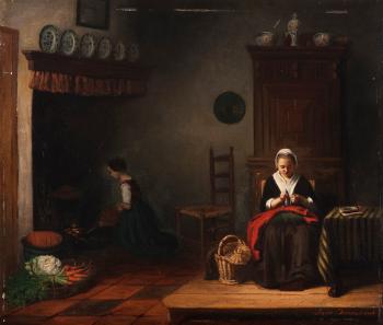 Mending clothes in the kitchen by 
																	Anna Maria van Immerzeel