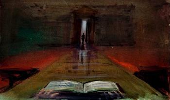 A long shot view from Mr Dawes' desk at the bank, bank book in the foreground, figure in the background by 
																	Peter Ellenshaw