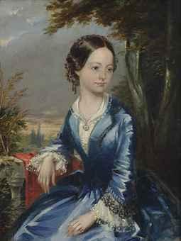 Portrait of Miss Woolford, aged 14, seated three-quarter-length, in a blue dress with white lace collar and cuffs, a landscape beyond by 
																	Charles Halkerston