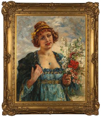 Portrait of a woman holding flowers by 
																			Marie Philips-Weber