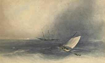 A merchantman and fishing boat in a squall off Jersey by 
																	John le Capelain