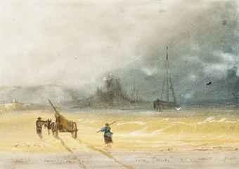 Seaweed gatherers on the beach before Gorey Castle, Jersey by 
																	John le Capelain