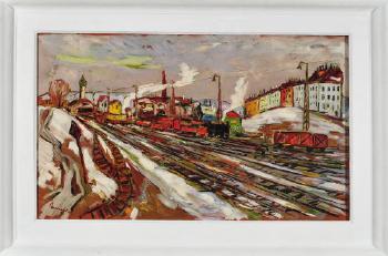 Altschnee am alten Kemptner Bahnhof mit Waggons und Blick auf die Häusern der Eich by 
																	Maximilian Ruess