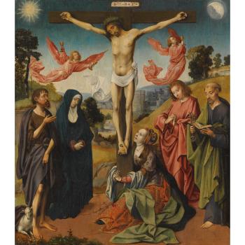 The Crucifixion With The Virgin Mary, Saints Mary Magdalene, John The Baptist, Peter, And An Unidentified Male Saint by 
																	Cornelisz Engelbrechtsz