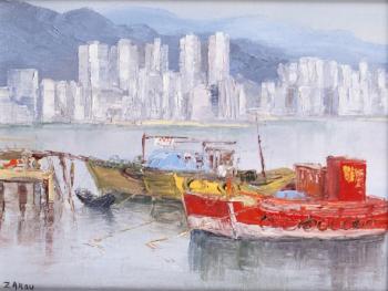 Bateaux amarrés devant Hong Kong by 
																	Victor Zarou