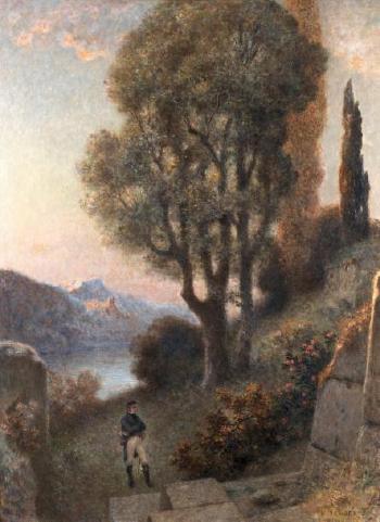 Homme contemplant des ruines dans un paysage de montagne by 
																	Henri Danger
