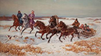 A troika and hunters in winter by 
																	Stanislav Potekha