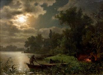 Repas des pêcheurs près des barques au clair de lune by 
																	Carl August Heinrich Ferdinand Oesterley
