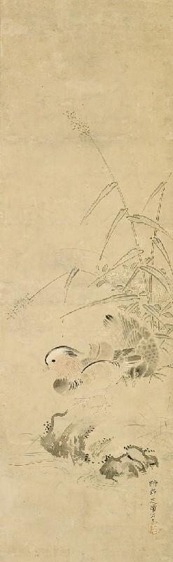 Zwei Mandarin-Enten an einem Uferfelsen unter Schilf. Ein Rotkehlchen unter Pänonien by 
																	Kano Yuho
