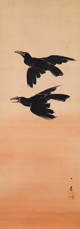Zwei fliegende Krähen bei Morgenröte by 
																	 Nagai Ikka