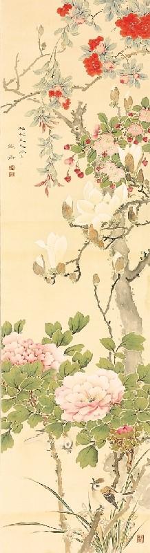 Magnolienblüten- und Kirschblütenzweig, Päonien mit aufsitzendem Spatz und Orchideen by 
																	 Tanaka Tessai
