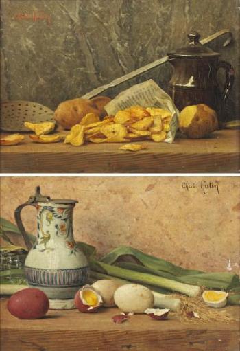 Poireaux et œufs sur un entablement. Pommes pelées et écumoire sur un entablement by 
																	Charles Hutin