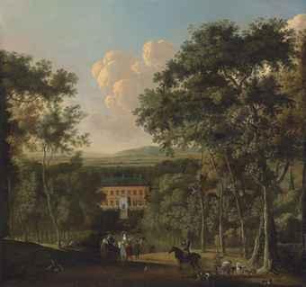 A view of Bridge Place, Kent, a hunting party in the foreground by 
																	Adriaen Jansz Ocker