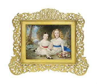 A double portrait of two daughters of Richard Fellowes Benyon (1811-1897), seated in a woodland landscape with a basket of flowers.. by 
																	William Egley