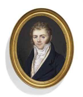 A young gentleman, in blue coat, striped buff coloured waistcoat, white shirt and knotted white cravat, fair hair and sideburns by 
																	Marguerite Jaser