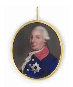Charles Frederick, 1st Grand-Duke of Baden (1728-1811) when Margrave of Baden-Durlach, in blue coat with brass buttons, red collar, white lace cravat.. by 
																	Johann Heinrich Hurter