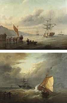 Dutch vessels in a sunlit bay; and Ships caught in rough waters by 
																	Christian Cornelis Kannemans