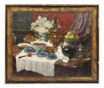 A samovar with fruit and flowers by 
																	Pierre Maurice Eugene Tastemain