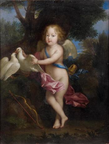 Portrait d'un jeune garçon en Cupidon jouant avec des colombes by 
																	Jean Nocret
