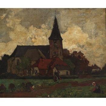 Fieldworkers sowing and reaping outside a church by 
																	Carel Bernardus Dankmeyer