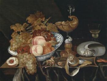 A magnificent still life with a bowl of fruit, a nautilus cup, and an overthrown shell by 
																	Bartholomeus Assteyn