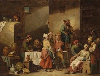 A barn interior with dancing peasants by 
																	Jean Joseph Verhaghen