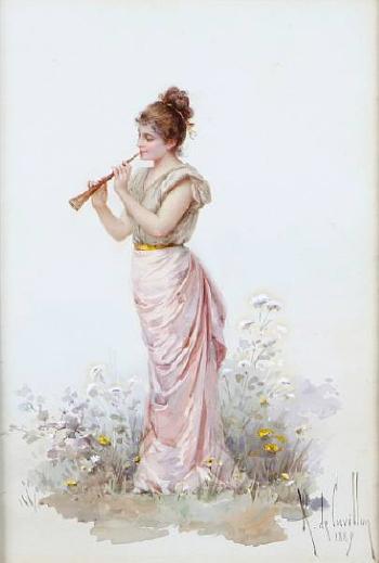 A girl with a fan. A girl with a flute by 
																	Louis Robert de Cuvillon