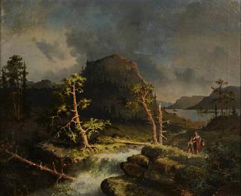 A landscape with figures by a river crossing under threatening skies by 
																	Knut Henrik Fagerskiold