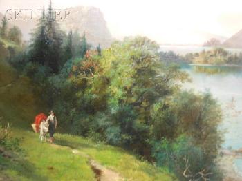 Landscape with figure and pack mule on a winding path by 
																			Edward L Custer
