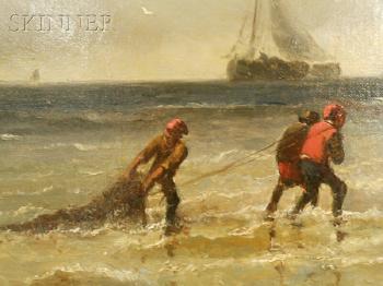 Fishermen pulling nets ashore by 
																			Albertus van Beest