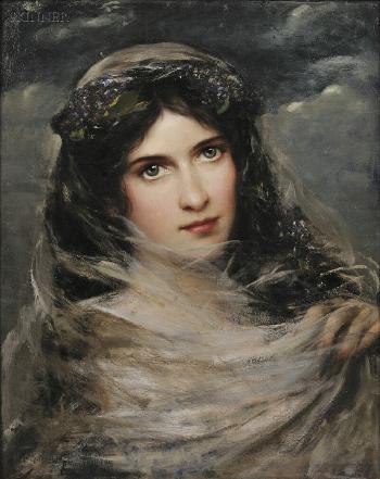 Portrait of a dark-haired beauty in a white veil by 
																			Adolf Muller-Ury