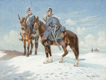 Two cavalrymen smoking pipes on horseback, in a winter landscape by 
																	Karl Hansen-Reistrup
