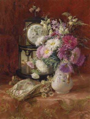Still life with antique clock by 
																	Emil Czech