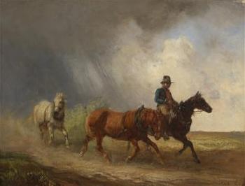 Rider and two horses in a landscape by 
																	Alois Bach