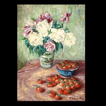 Floral Still Life with Strawberries by 
																			Valentina Petrovna Cvetkova