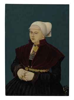 Portrait of Margarethe Schott, half-length, in a black gown with an embroidered guimpe, gold girdle and red mantlet by 
																	Conrad Faber von Creuznach