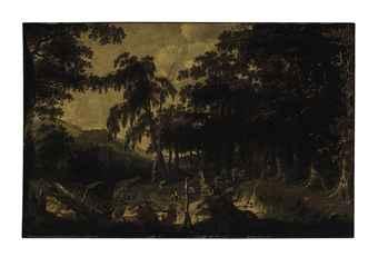 Travellers resting on a sandy parth, with a hunter on a dune, in a wooded landscape by 
																	Jan de Lagoor