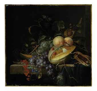 A melon, nuts and corn on a stone ledge with butterflies by 
																	Jacob van Walscapelle