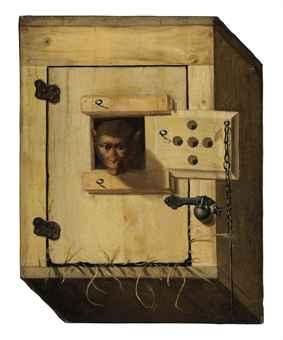 Trompe l'oeil of a capuchin monkey in his crate (The cheeky monkey) by 
																	Franz Rosel von Rosenhof