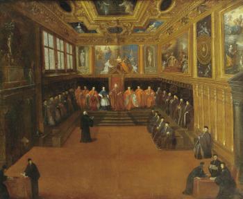 The Doge And Senators In The Sala Del Collegio, Palazzo Ducale, Venice by 
																	Pietro Malombra