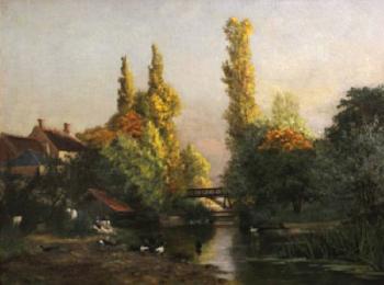 An extensive river landscape with washerwomen and ducks in the foreground by 
																	Paul Leon Gagneau