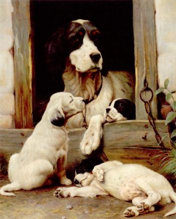 Cocker Spaniel with three puppies by 
																	Ejnar Vindfeldt